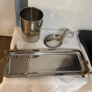 Silver Hammered Metal Serving Set with Gold Accents